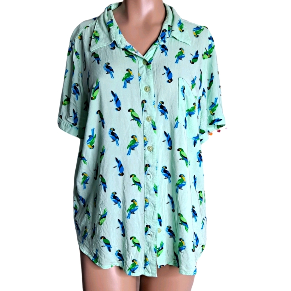 Basic Editions Print Birds Button Down Shirt L - image 2